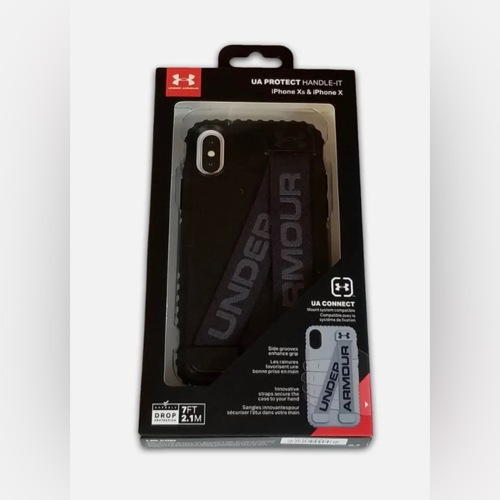 Under Armour black phone case. iPhone Xs & iPhone X. With strap on the back.